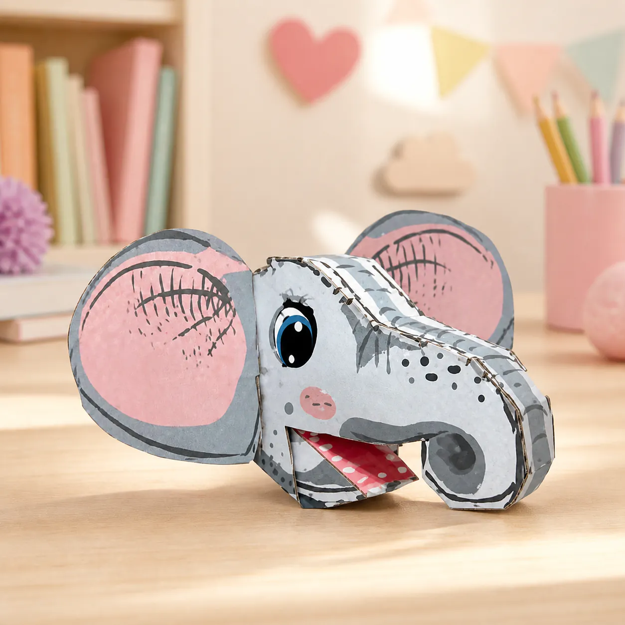 Elephant hand puppet, an assembled flat-piece product example