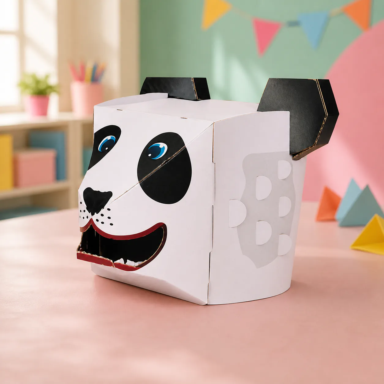 Panda head mask, an assembled flat-piece product example