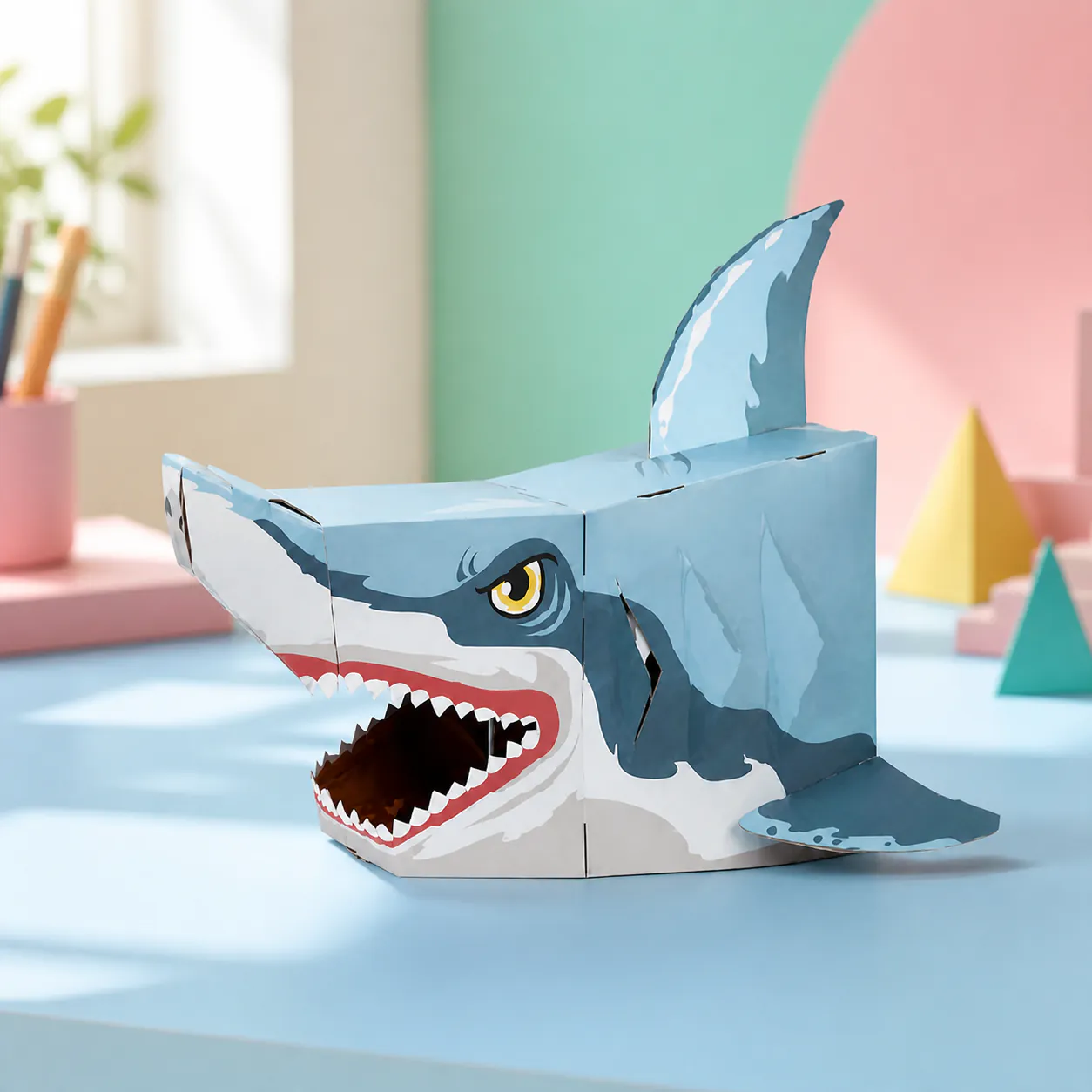 Shark head mask, an assembled flat-piece product example