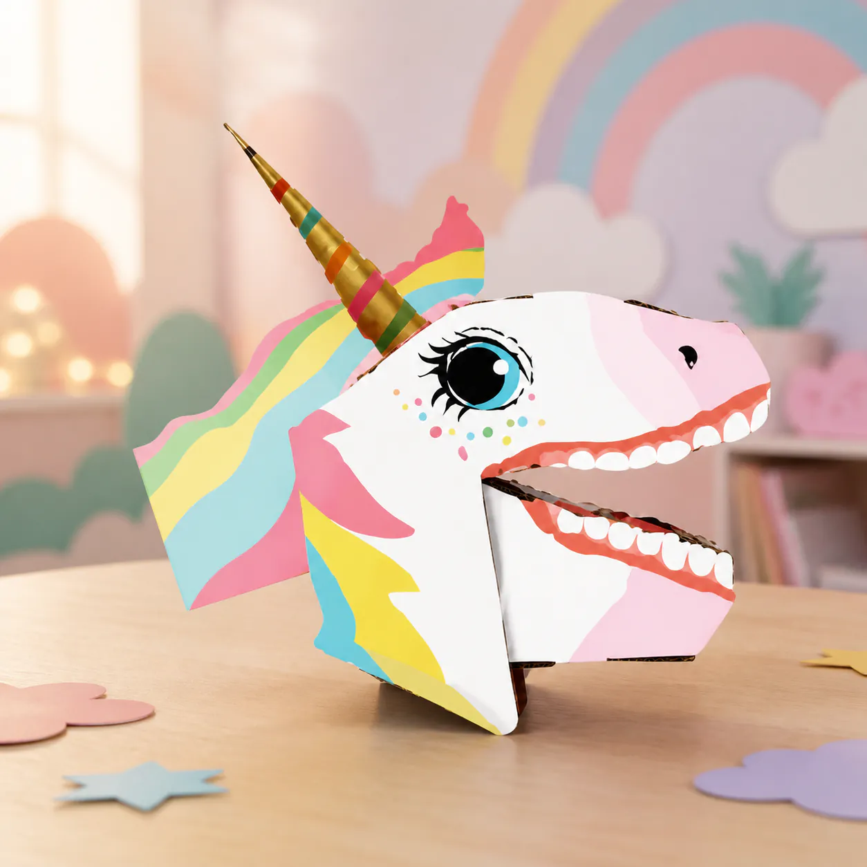 Unicorn hand puppet, an assembled flat-piece product example