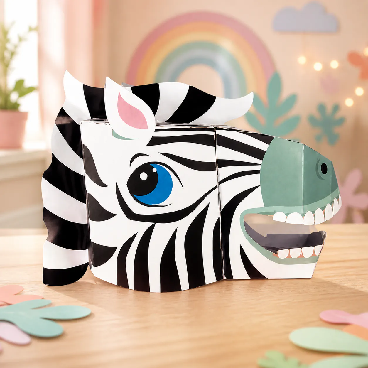Zebra head mask, an assembled flat-piece product example