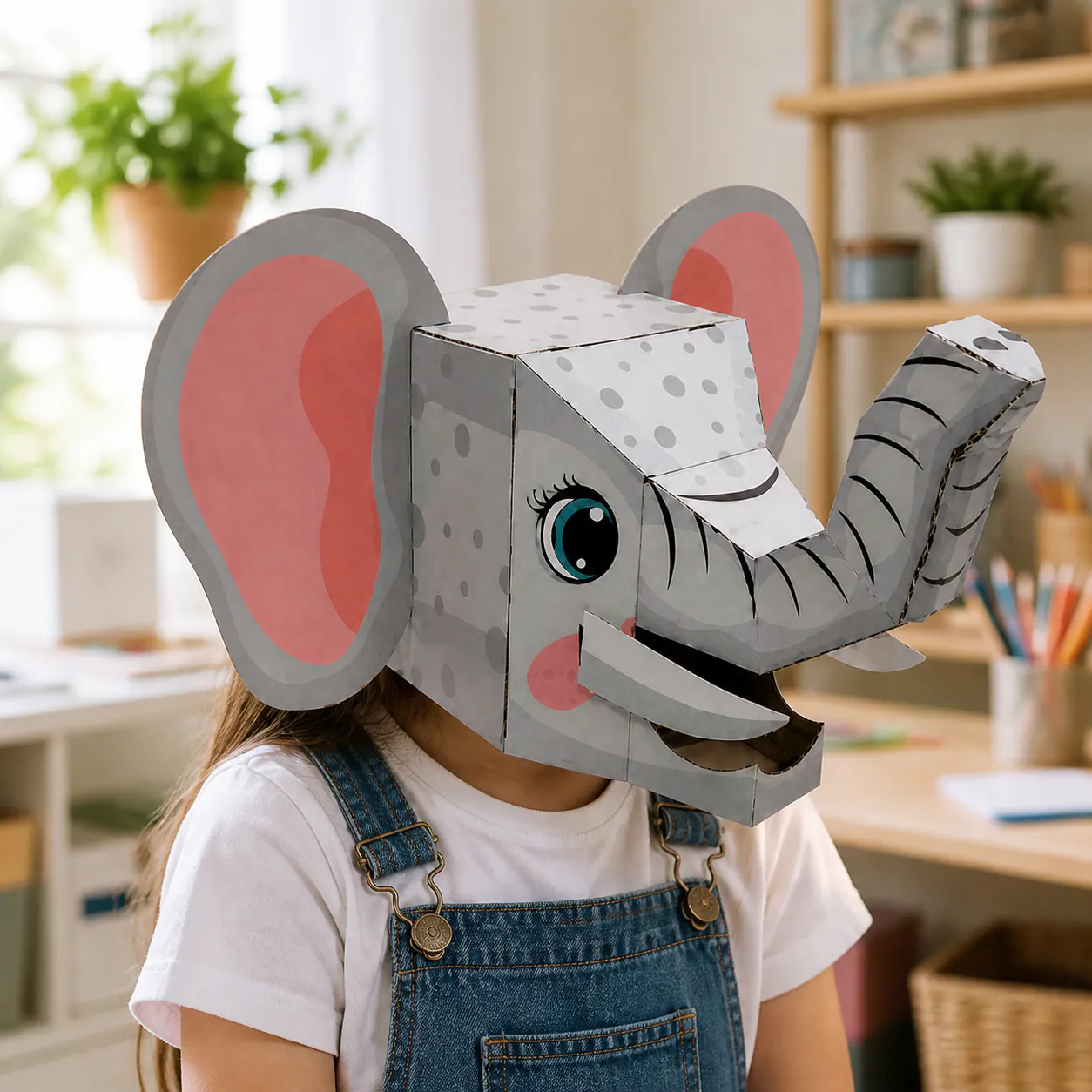 Elephant head mask shown in use