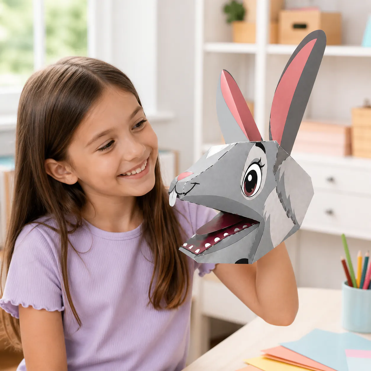 Rabbit hand puppet shown in use