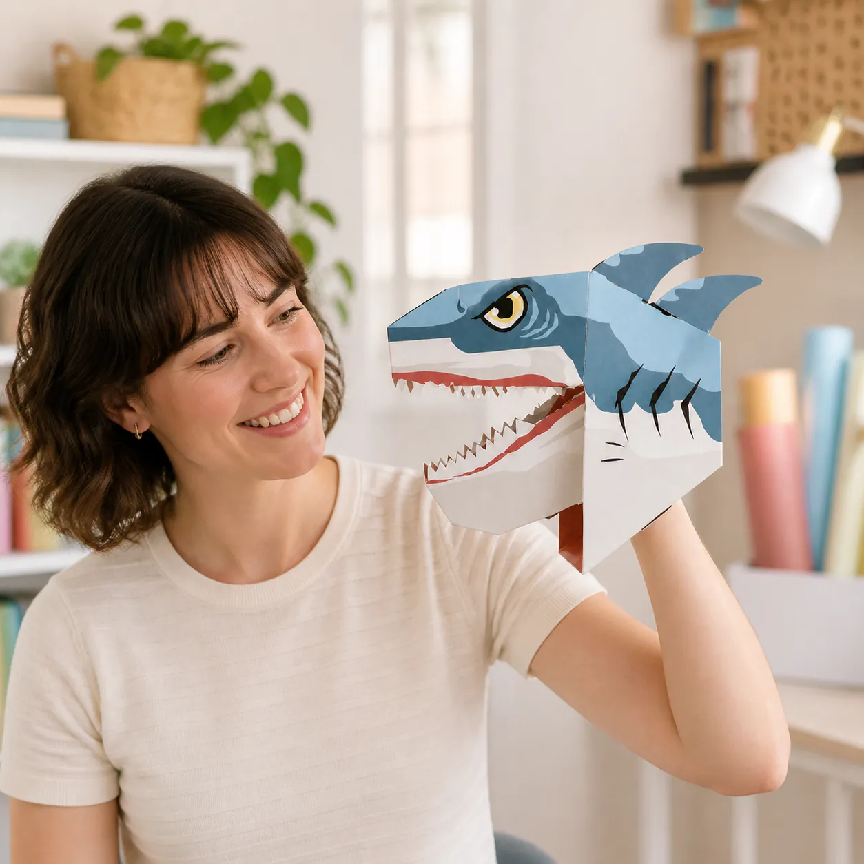 Shark hand puppet shown in use