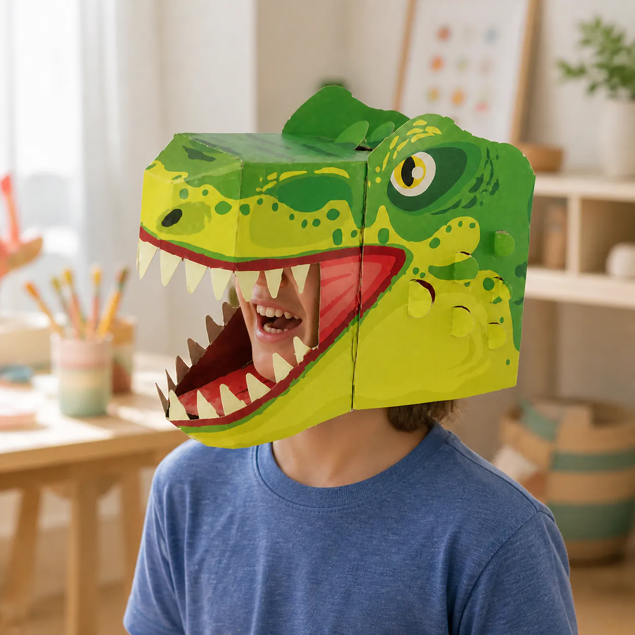 T-Rex head mask shown in use