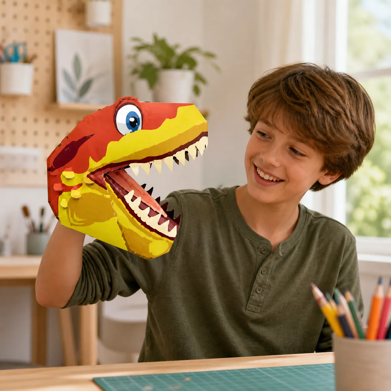 T-Rex hand puppet shown in use