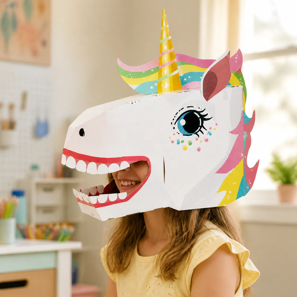 Unicorn head mask shown in use